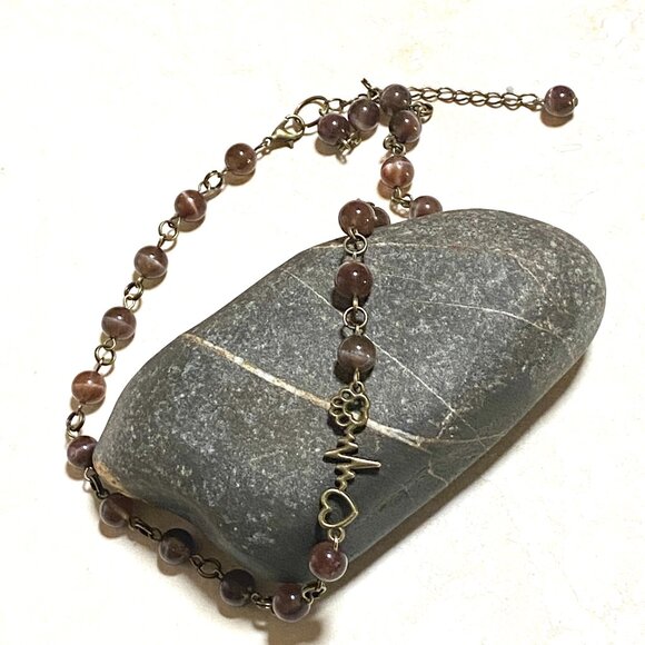 Cute Purple Cat's Eye Bronze Paw Print Heart Beat Adjustable Pendant Choker - Picture 5 of 15